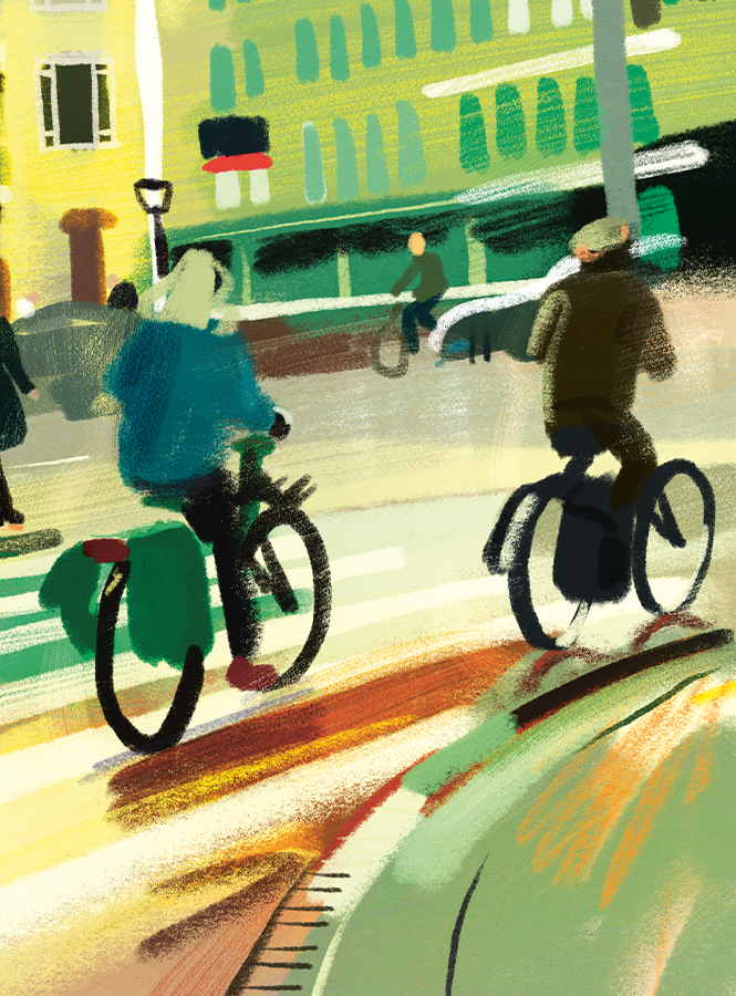 Illustratie van fietsers in drukke stad